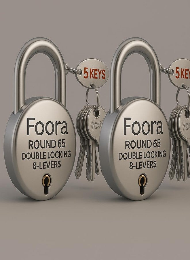 Foora Round 65 Double Locking Padlock, 8-Lever Security Lock with 5 Keys, Silver (2)